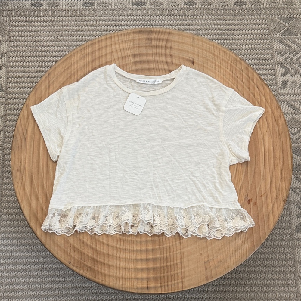 Altar'd State Ivory Lace-Hem Short Sleeve Tee